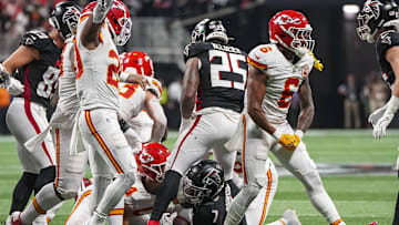 Sep 22, 2024; Atlanta, Georgia, USA; Kansas City Chiefs safety Bryan Cook (6) reacts after the Chiefs stopped the Atlanta Falcons on fourth down during the second half at Mercedes-Benz Stadium.