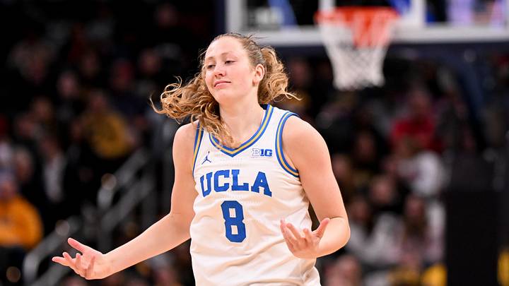 Mar 8, 2026; Indianapolis, IN, USA; UCLA Bruins guard Gianna Kneepkens (8) reacts after a play against the Iowa Hawkeyes during the first half at Gainbridge Fieldhouse. Mandatory Credit: Robert Goddin-Imagn Images
