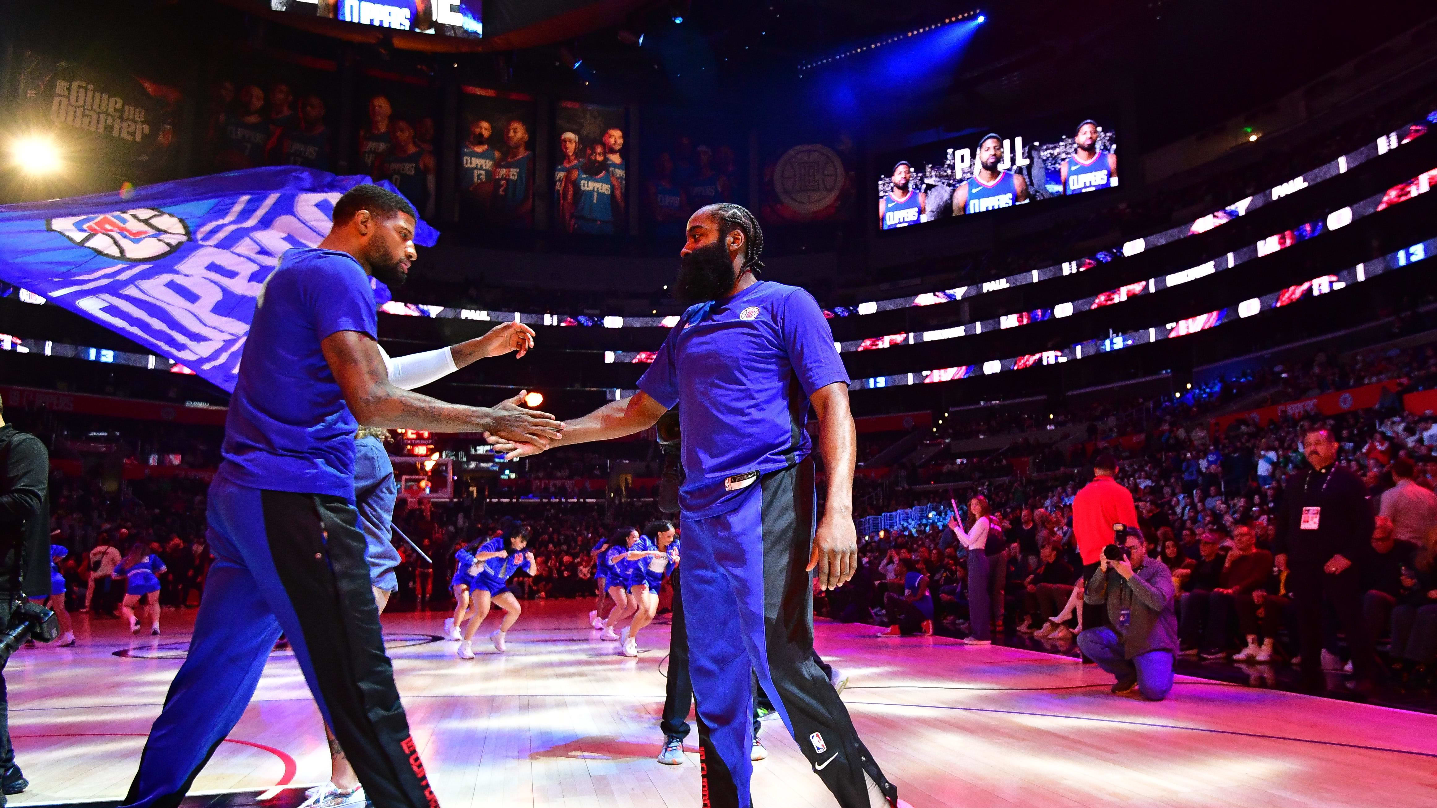 Nov 27, 2023; Los Angeles, California, USA; Los Angeles Clippers guard James Harden (1) greets