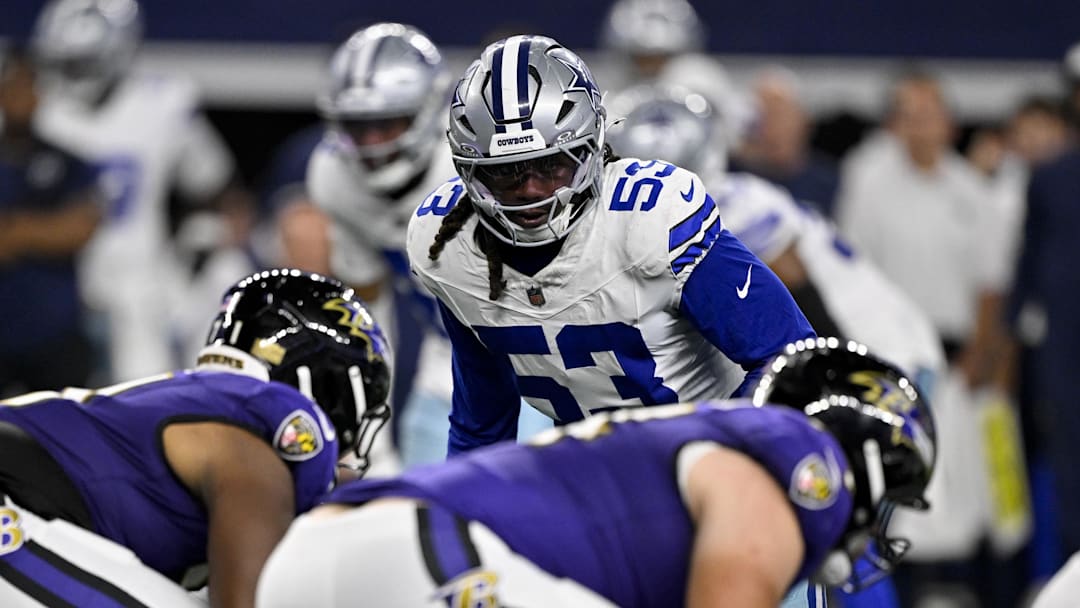 Aug 16, 2025; Arlington, Texas, USA; Dallas Cowboys linebacker James Houston (53) looks on during the game between the Dallas Cowboys and the Baltimore Ravens at AT&T Stadium. 