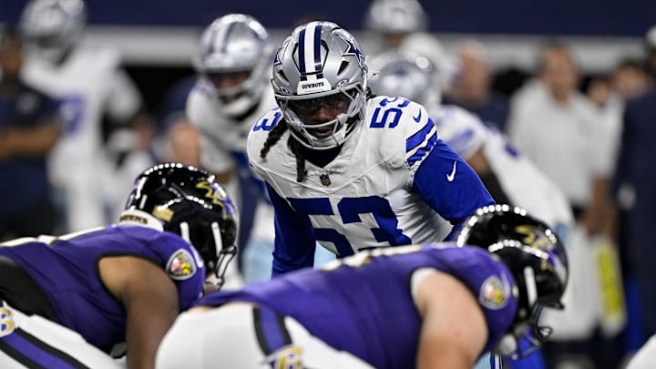 Aug 16, 2025; Arlington, Texas, USA; Dallas Cowboys linebacker James Houston (53) looks on during the game between the Dallas Cowboys and the Baltimore Ravens at AT&T Stadium. 