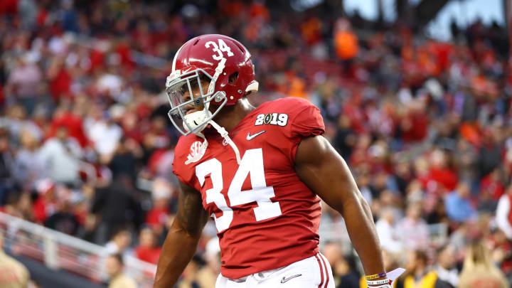 Jan 7, 2019; Santa Clara, CA, USA; Alabama Crimson Tide running back Damien Harris (34) against the Clemson Tigers in the 2019 College Football Playoff Championship game at Levi's Stadium. Mandatory Credit: Mark J. Rebilas-USA TODAY Sports