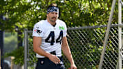 Jul 30, 2022; Foxborough, MA, USA; New England Patriots tightend Dalton Keene (44) walks to the practice field at the Patriots training camp at Gillette Stadium. Mandatory Credit: Eric Canha-Imagn Images