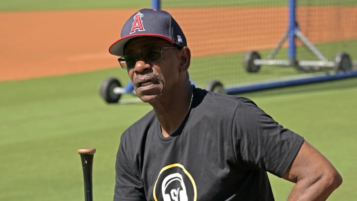 Jun 21, 2024; Los Angeles, California, USA;  Los Angeles Angels manager Ron Washington (37) sits on the field prior to the game against the Los Angeles Dodgers at Dodger Stadium. Mandatory Credit: Jayne Kamin-Oncea-USA TODAY Sports