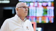 Feb 3, 2024; Coral Gables, Florida, USA; Miami Hurricanes head coach Jim Larranaga looks on after the game against the Virginia Tech Hokies at Watsco Center. Mandatory Credit: Sam Navarro-Imagn Images