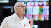 Feb 3, 2024; Coral Gables, Florida, USA; Miami Hurricanes head coach Jim Larranaga looks on after the game against the Virginia Tech Hokies at Watsco Center. Mandatory Credit: Sam Navarro-Imagn Images