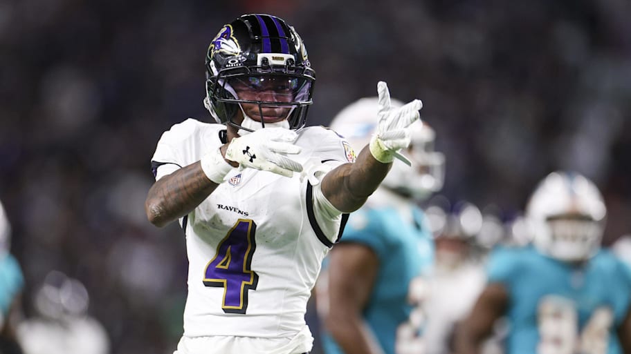 Baltimore Ravens wide receiver Zay Flowers reacts after a play against the Miami Dolphins.
