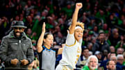 Notre Dame Fighting Irish guard Hannah Hidalgo reacts after a three-point basket against the Duke Blue Devils.
