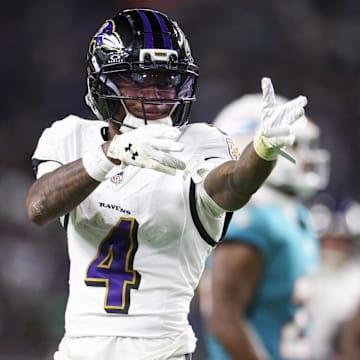 Oct 30, 2025; Miami Gardens, Florida, USA; Baltimore Ravens wide receiver Zay Flowers (4) reacts after a play against the Miami Dolphins in the third quarter at Hard Rock Stadium. Mandatory Credit: Nathan Ray Seebeck-Imagn Images