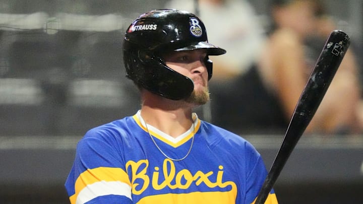Biloxi Shuckers' Blake Burke (38) on deck at the Minor League Baseball game against the Knoxville Smokies on August 5, 2025, Knoxville, Tennessee.