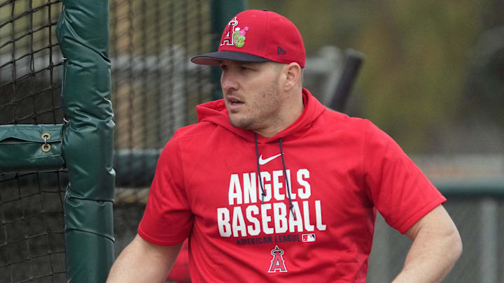 Los Angeles Angels right fielder Mike Trout (27) prepares to hit during spring training camp. Mandatory Credit: Rick Scuteri-Imagn Images