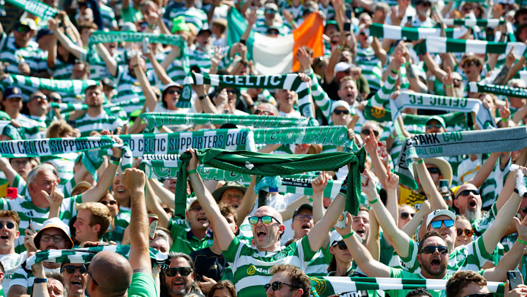 Celtic FC fans sing together before the start of a friendly match between Chelsea FC and Celtic FC at Notre Dame Stadium on Saturday, July 27, 2024, in South Bend.