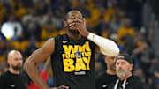 Apr 26, 2025; San Francisco, California, USA; Golden State Warriors forward Jonathan Kuminga (00) before game three of first round for the 2024 NBA Playoffs against the Houston Rockets at Chase Center. Mandatory Credit: Darren Yamashita-Imagn Images