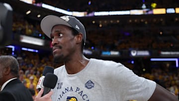 May 31, 2025; Indianapolis, Indiana, USA; Indiana Pacers forward Pascal Siakam (43) speaks to the media after game six of the eastern conference finals against the New York Knicks for the 2025 NBA Playoffs at Gainbridge Fieldhouse. Mandatory Credit: Trevor Ruszkowski-Imagn Images