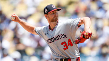 Jun 22, 2025; Los Angeles, California, USA; Washington Nationals starting pitcher Michael Soroka (34) pitches the ball during the second inning against The Los Angeles Dodgers at Dodger Stadium. Mandatory Credit: Kiyoshi Mio-Imagn Images