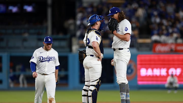 Apr 15, 2024; Los Angeles, California, USA; Los Angeles Dodgers pitcher Tyler Glasnow (R) talks with catcher Will Smith (L) during the fifth inning against the Washington Nationals at Dodger Stadium. Mandatory Credit: Kiyoshi Mio-Imagn Images Apr 15, 2024; Los Angeles, California, USA; Los Angeles Dodgers pitcher Tyler Glasnow (R) talks with catcher Will Smith (L) during the fifth inning against the Washington Nationals at Dodger Stadium. Mandatory Credit: Kiyoshi Mio-Imagn Images