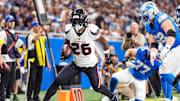 Houston Texans cornerback Jalen Mills (26) celebrates an interception against Detroit Lions during the second half at Ford Field in Detroit on Saturday, August 23, 2025.