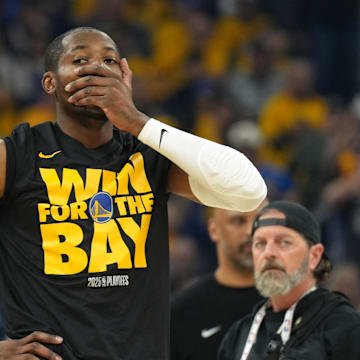 Apr 26, 2025; San Francisco, California, USA; Golden State Warriors forward Jonathan Kuminga (00) before game three of first round for the 2024 NBA Playoffs against the Houston Rockets at Chase Center. Mandatory Credit: Darren Yamashita-Imagn Images
