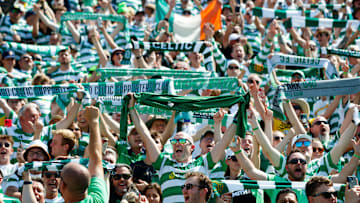 Celtic FC fans cheer on their team in the first half of a friendly match between Celtic FC and Chelsea FC at Notre Dame Stadium on Saturday, July 27, 2024, in South Bend.