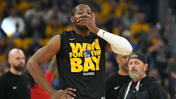 Apr 26, 2025; San Francisco, California, USA; Golden State Warriors forward Jonathan Kuminga (00) before game three of first round for the 2024 NBA Playoffs against the Houston Rockets at Chase Center. Mandatory Credit: Darren Yamashita-Imagn Images