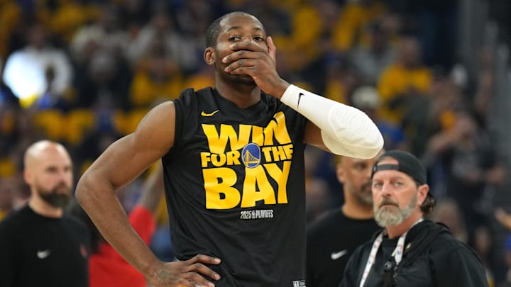 Apr 26, 2025; San Francisco, California, USA; Golden State Warriors forward Jonathan Kuminga (00) before game three of first round for the 2024 NBA Playoffs against the Houston Rockets at Chase Center. Mandatory Credit: Darren Yamashita-Imagn Images