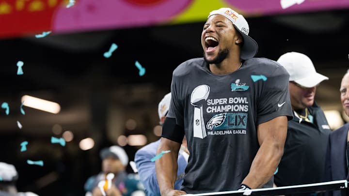 Philadelphia Eagles running back Saquon Barkley on Feb 9, 2025. Philadelphia Eagles running back Saquon Barkley on Feb 9, 2025.