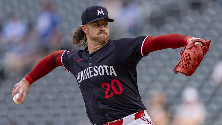 Jun 10, 2024; Minneapolis, Minnesota, USA; Minnesota Twins starting pitcher Chris Paddack (20) delivers a pitch against the Colorado Rockies in the first inning at Target Field. Mandatory Credit: Jesse Johnson-Imagn Images