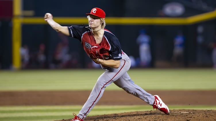 Aug 28, 2022; Phoenix, Arizona, US; West pitcher Zander Mueth (13) during the Perfect Game All-American Classic high school baseball game at Chase Field. Mandatory Credit: Mark J. Rebilas-USA TODAY Sports