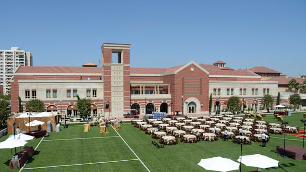  General view of the John McKay center and Heritage hall and Howard Jones Field on the campus of the USC Trojans.