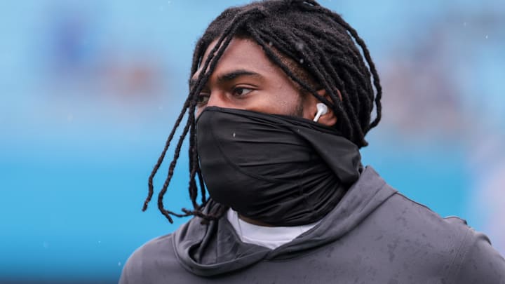 Oct 12, 2025; Charlotte, North Carolina, USA; Dallas Cowboys cornerback Trevon Diggs (7) warms up before the game against the Carolina Panthers at Bank of America Stadium.