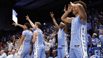 The North Carolina Tar Heels bench celebrate after the game against the San Diego State Aztecs at UD Arena. 