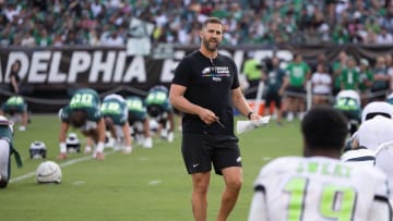 Aug 1, 2024; Philadelphia, PA, USA; Philadelphia Eagles head coach Nick Sirianni talks with players during a training camp practice at Lincoln Financial Field. Mandatory Credit: Bill Streicher-USA TODAY Sports