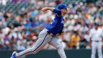 Jul 7, 2024; Denver, Colorado, USA; Kansas City Royals starting pitcher Brady Singer (51) pitches in the first inning against the Colorado Rockies at Coors Field. Mandatory Credit: Isaiah J. Downing-USA TODAY Sports