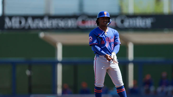 Mar 11, 2025; West Palm Beach, Florida, USA; New York Mets shortstop Luisangel Acuna (2) looks on from second base after hitting a double against the Houston Astros during the first inning at CACTI Park of the Palm Beaches. Mandatory Credit: Sam Navarro-Imagn Images