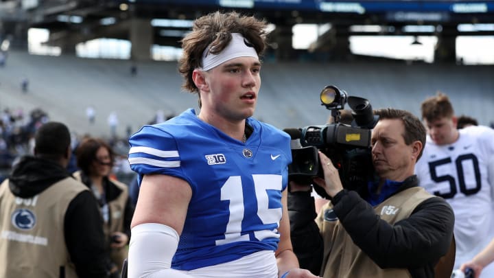 Apr 13, 2024; University Park, PA, USA; Penn State Nittany Lions quarterback Drew Allar (15) walks off the field following the conclusion of the Blue White spring game at Beaver Stadium. The White team defeated the Blue team 27-0. Mandatory Credit: Matthew O'Haren-USA TODAY Sports