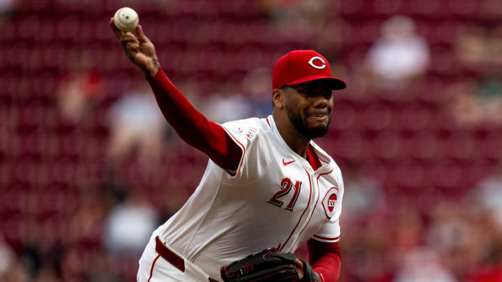 Cincinnati Reds starting pitcher Hunter Greene (21) delivers a pitch in the first inning of the MLB game between the Cincinnati Reds and the St. Louis Cardinals at Great American Ball Park in Cincinnati on Tuesday, Aug. 13, 2024.