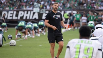 Aug 1, 2024; Philadelphia, PA, USA; Philadelphia Eagles head coach Nick Sirianni talks with players during a training camp practice at Lincoln Financial Field.