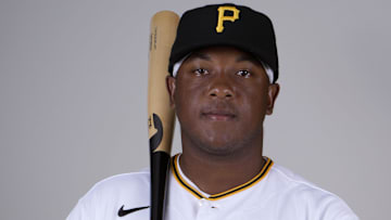 Feb 22, 2023; Bradenton, FL, USA; Pittsburgh Pirates infielder Malcom Nunez (78) poses for photos during Media Day. Mandatory Credit: Dave Nelson-Imagn Images
