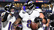 Sep 7, 2025; Orchard Park, New York, USA; Baltimore Ravens quarterback Lamar Jackson (8) celebrates with wide receiver Tylan Wallace (16) after a touchdown against the Buffalo Bills during the first half at Highmark Stadium. Mandatory Credit: Mark Konezny-Imagn Images