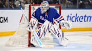 Jan 18, 2025; New York, New York, USA; New York Rangers goalie Igor Shesterkin (31) protects the net against the Columbus Blue Jackets during the second period at Madison Square Garden. Mandatory Credit: Danny Wild-Imagn Images