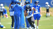 May 28, 2024; Thousand Oaks, CA, USA; Los Angeles Rams wide receiver Puka Nacua (17) runs a drill during OTAs at the team training facility at California Lutheran University.