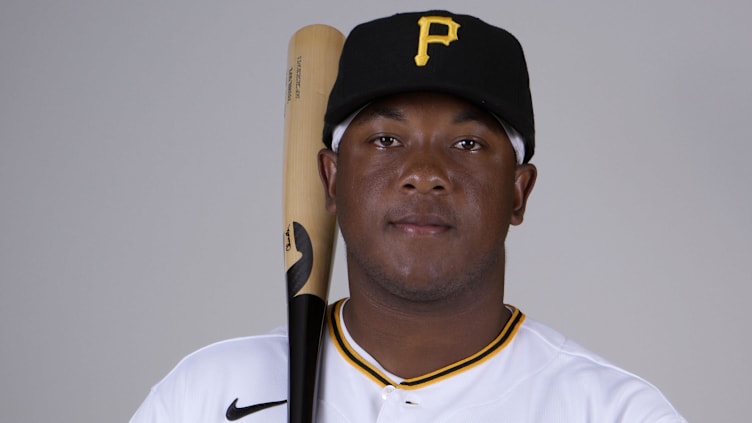 Feb 22, 2023; Bradenton, FL, USA; Pittsburgh Pirates infielder Malcom Nunez (78) poses for photos