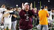 Sep 13, 2025; South Bend, Indiana, USA; Texas A&M Aggies head coach Mike Elko celebrates after the game against Notre Dame Fighting Irish at Notre Dame Stadium. Mandatory Credit: Trevor Ruszkowski-Imagn Images