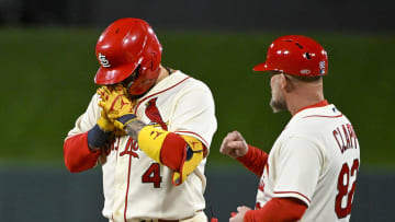 Oct 8, 2022; St. Louis, Missouri, USA; St. Louis Cardinals catcher Yadier Molina (4) reacts after hitting a single for his final postseason at bat in the ninth inning against the Philadelphia Phillies during game two of the Wild Card series for the 2022 MLB Playoffs at Busch Stadium. Mandatory Credit: Jeff Curry-USA TODAY Sports