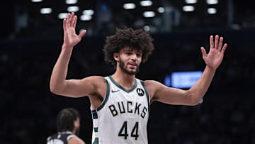 Milwaukee Bucks guard Andre Jackson Jr. reacts after a foul call during the first half against the Brooklyn Nets at Barclays Center on December 27, 2023.