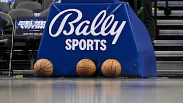 Jan 13, 2024; Dallas, Texas, USA; A view of the Bally Sports logo and basketballs before the game between the Dallas Mavericks and the New Orleans Pelicans at the American Airlines Center. 