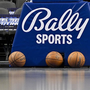 A view of the Bally Sports logo and basketballs before the game between the Dallas Mavericks and the New Orleans Pelicans at the American Airlines Center. 