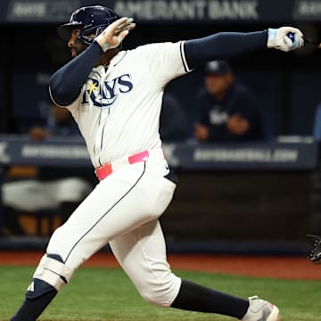 Tampa Bay Rays first base Yandy Diaz (2) singles against the Minnesota Twins during Tampa Bay Rays first base Yandy Diaz (2) singles against the Minnesota Twins during the first inning at Tropicana Field in 2024.the first inning at Tropicana Field in 2024.