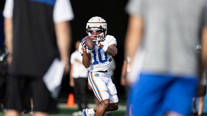 Florida Gators wide receiver Tank Hawkins (10) makes a catch during spring football practice at Heavener Football Complex at the University of Florida in Gainesville, FL on Tuesday, April 2, 2024. [Matt Pendleton/Gainesville Sun]