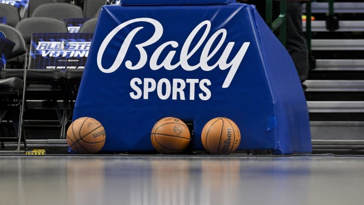 A view of the Bally Sports logo and basketballs before the game between the Dallas Mavericks and the New Orleans Pelicans at the American Airlines Center. 